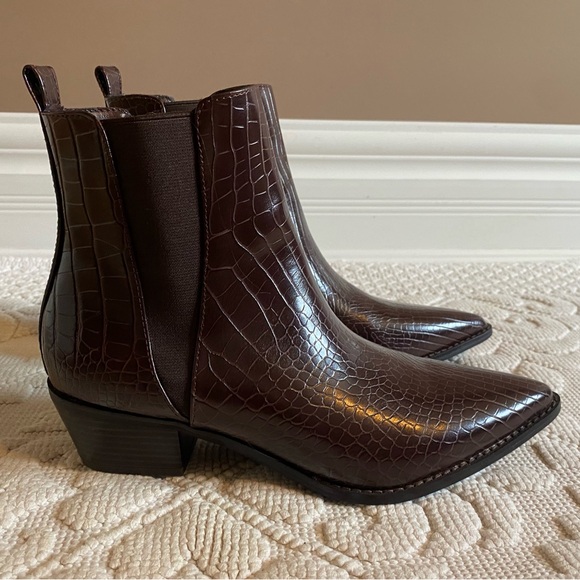 Dark Chocolate Brown Crocodile-Embossed Ankle Booties - Picture 1 of 10